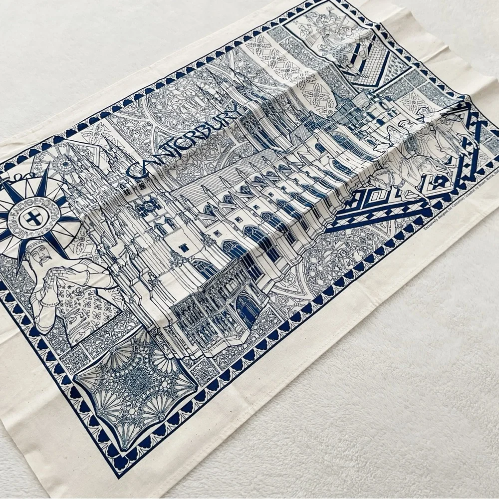 Vintage Canterbury Cathedral Tea Towel Stuart Morris Cotton Blue